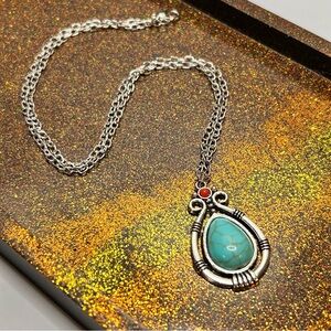 Silver Tone and Turquoise Stone Pendant Necklace